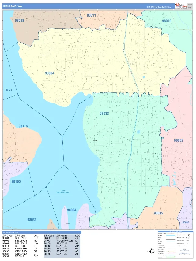 Kirkland, WA ZIP Code Wall Map, ColorCast style