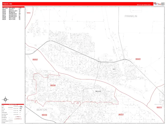 Pasco, WA ZIP Code Wall Map, RedLine style
