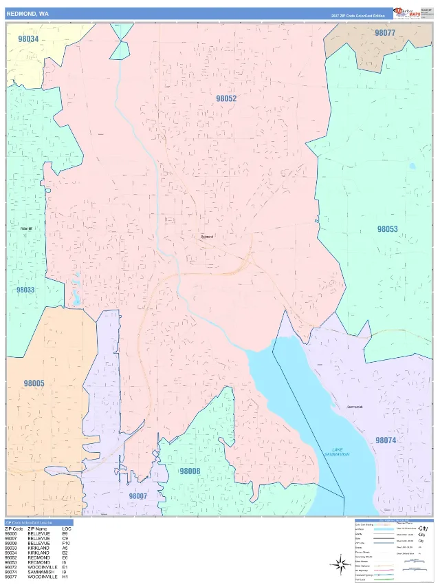 Redmond, WA ZIP Code Wall Map, ColorCast style