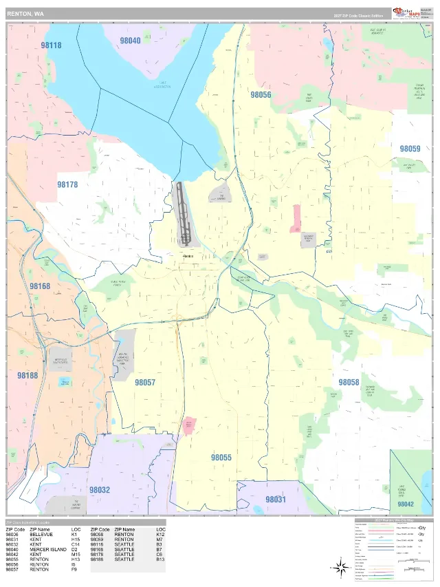 Renton, WA ZIP Code Wall Map, Classic style