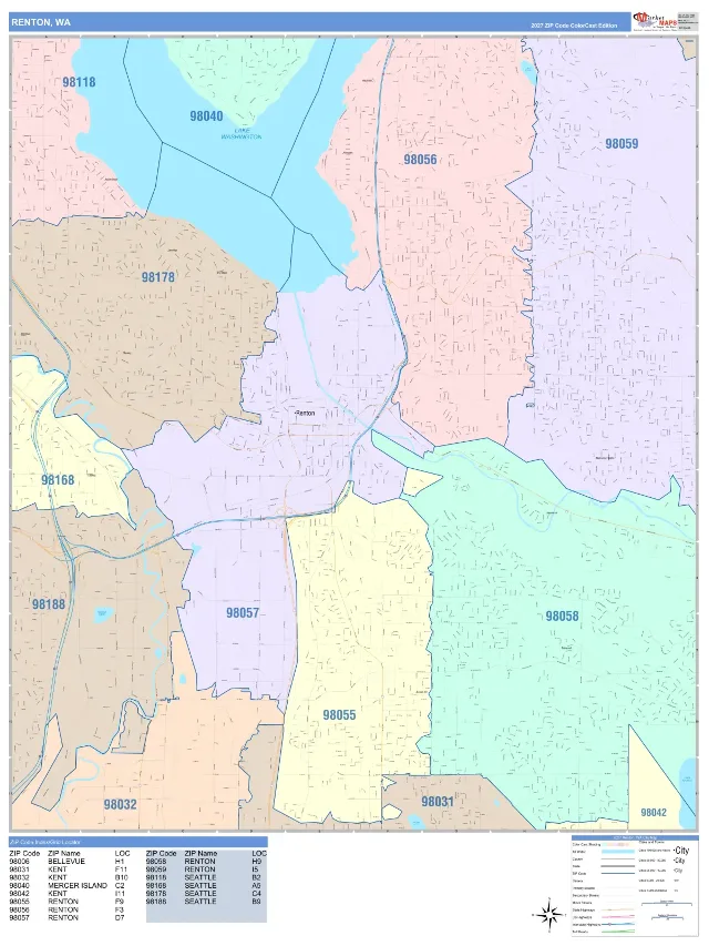 Renton, WA ZIP Code Wall Map, ColorCast style