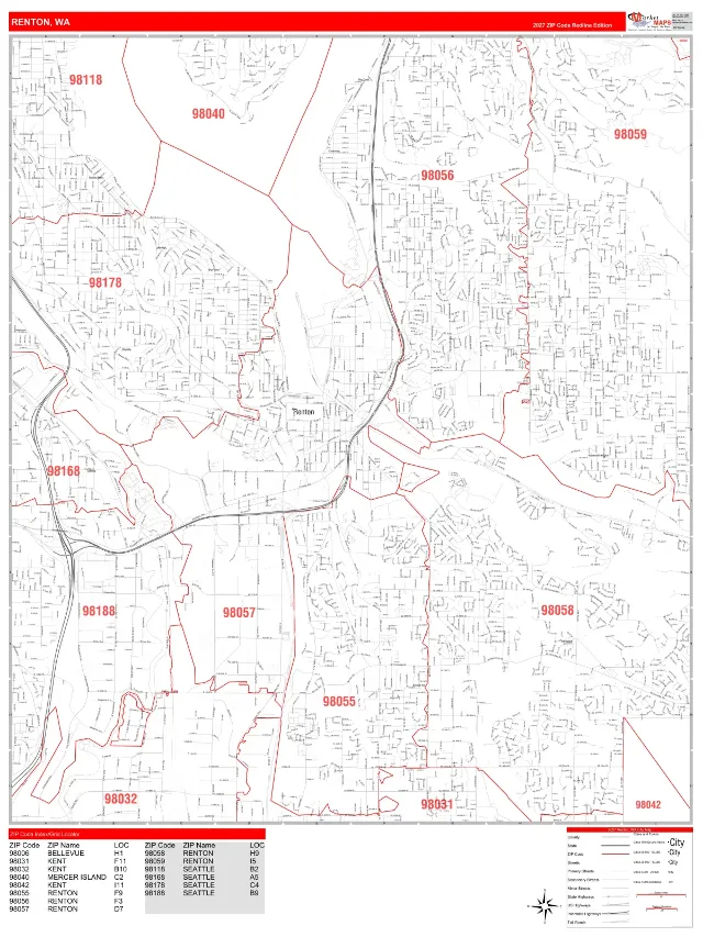 Renton, WA ZIP Code Wall Map, RedLine style