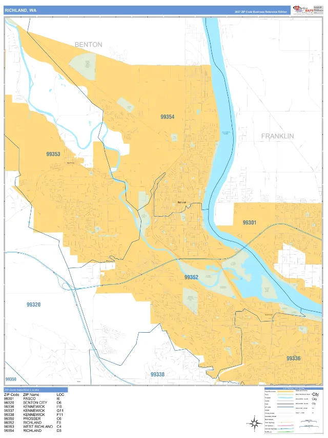 Richland, WA ZIP Code Wall Map, Business Reference style