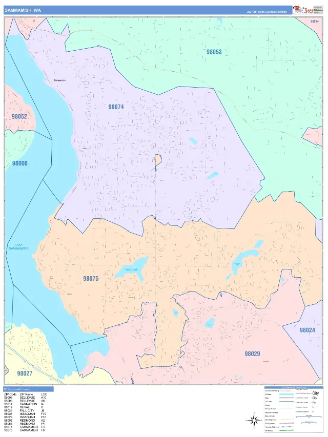 Sammamish, WA ZIP Code Wall Map, ColorCast style