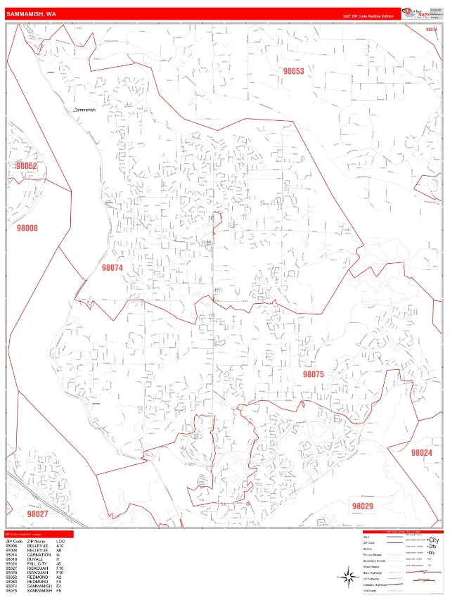 Sammamish, WA ZIP Code Wall Map, RedLine style