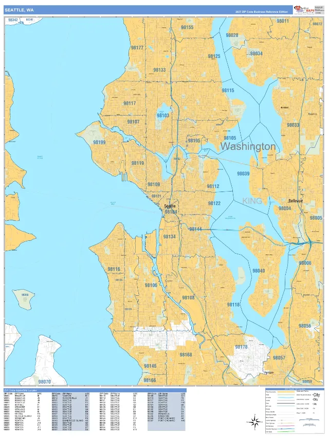 Seattle, WA ZIP Code Wall Map, Business Reference style
