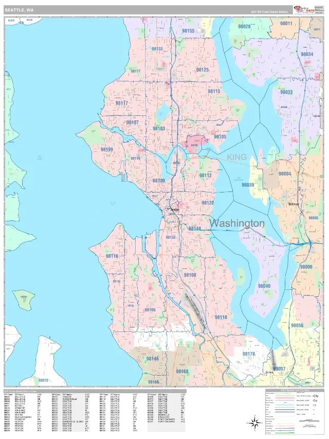 Seattle, WA ZIP Code Wall Map, Classic style