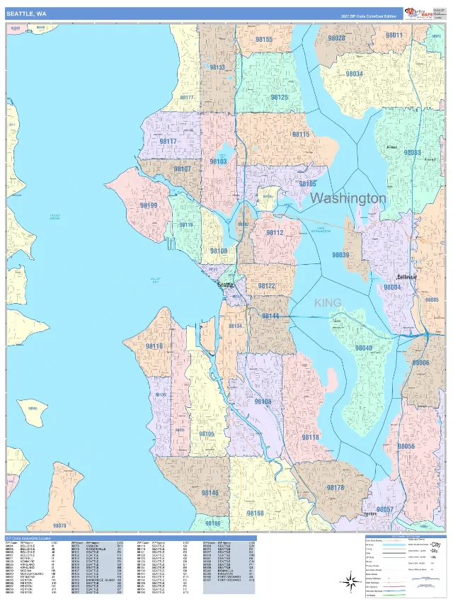 Seattle, WA ZIP Code Wall Map, ColorCast style