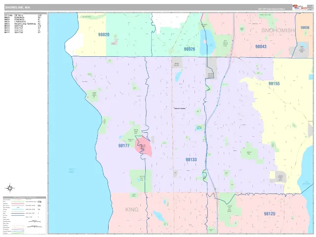 Shoreline, WA ZIP Code Wall Map, Classic style