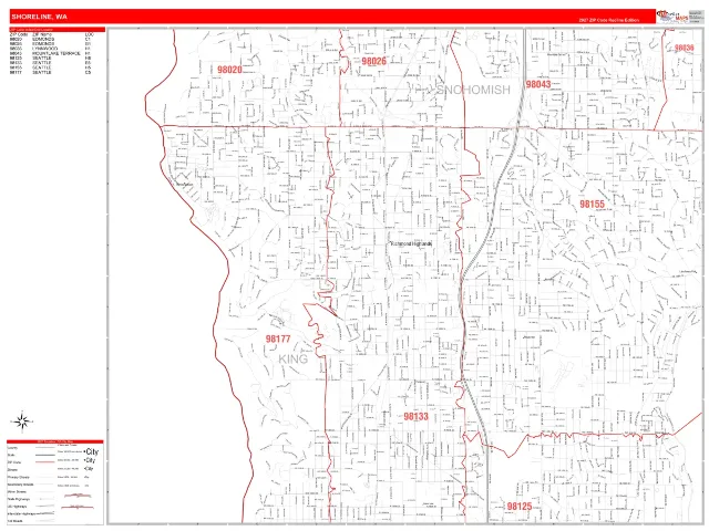 Shoreline, WA ZIP Code Wall Map, RedLine style