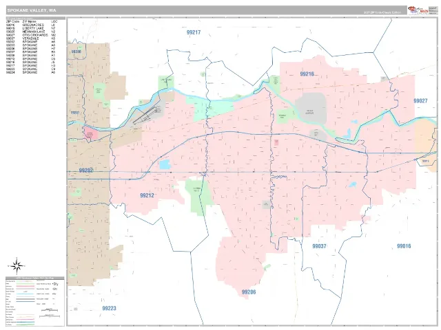 Spokane Valley, WA ZIP Code Wall Map, Classic style