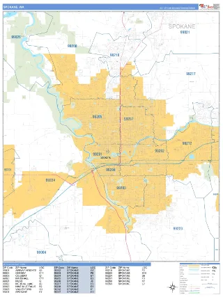 Spokane, WA Business Reference style ZIP Code wall map
