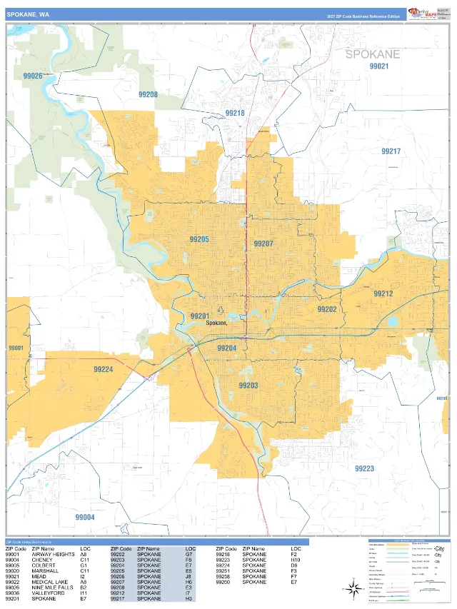 Spokane, WA ZIP Code Wall Map, Business Reference style