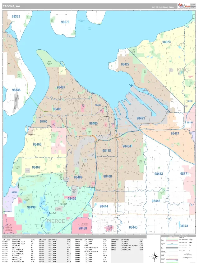 Tacoma, WA ZIP Code Wall Map, Classic style