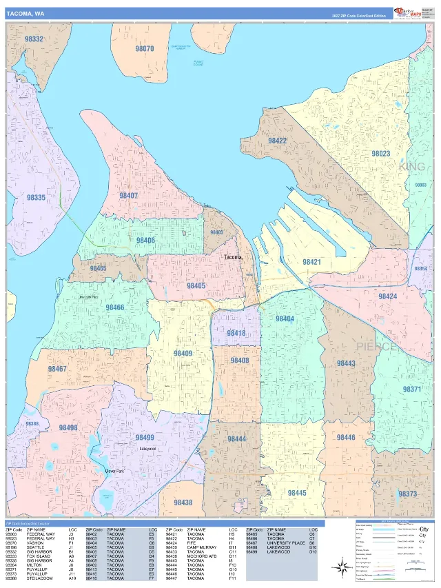 Tacoma, WA ZIP Code Wall Map, ColorCast style