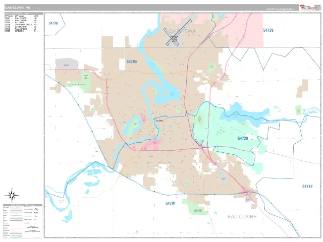 Eau Claire, WI ZIP Code Wall Map, Classic style