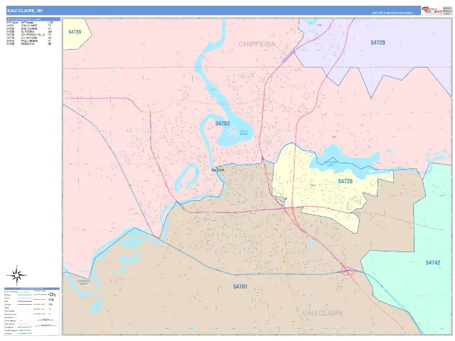 Eau Claire, WI ZIP Code Wall Map, ColorCast style