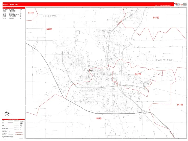 Eau Claire, WI ZIP Code Wall Map, RedLine style
