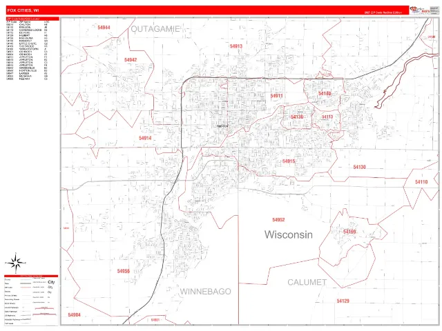 Fox Cities, WI ZIP Code Wall Map, RedLine style