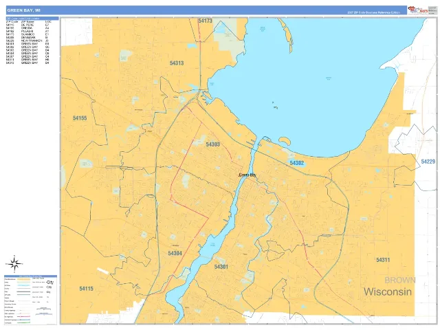Green Bay, WI ZIP Code Wall Map, Business Reference style