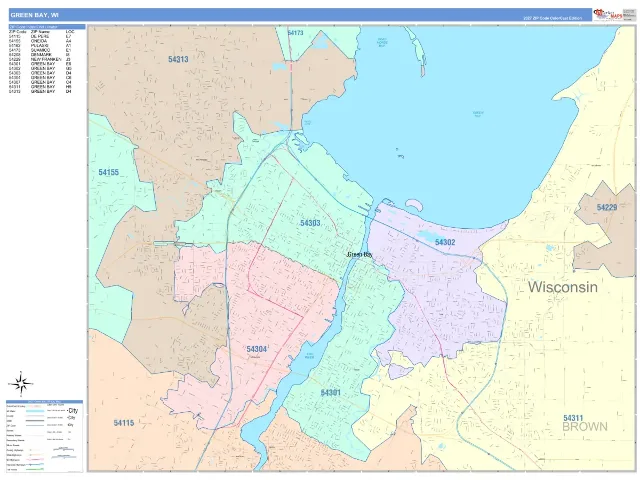 Green Bay, WI ZIP Code Wall Map, ColorCast style