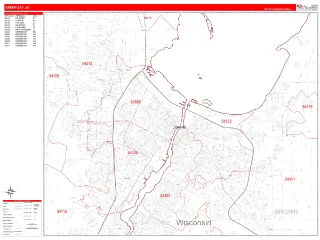 Green Bay, WI RedLine style ZIP Code wall map