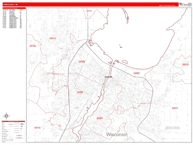 Green Bay, WI ZIP Code Wall Map, RedLine style