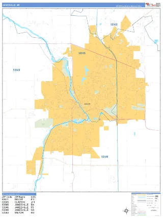 Janesville, WI Business Reference style ZIP Code wall map