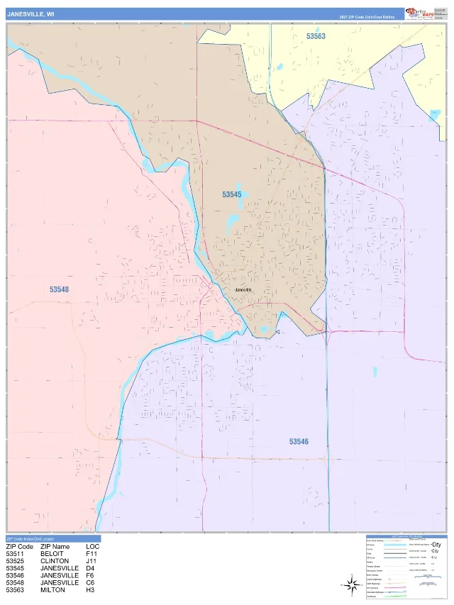 Janesville, WI ZIP Code Wall Map, ColorCast style