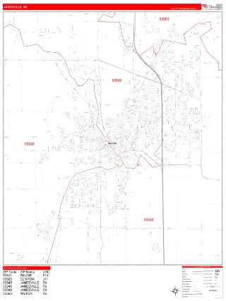 Janesville, WI RedLine style ZIP Code wall map