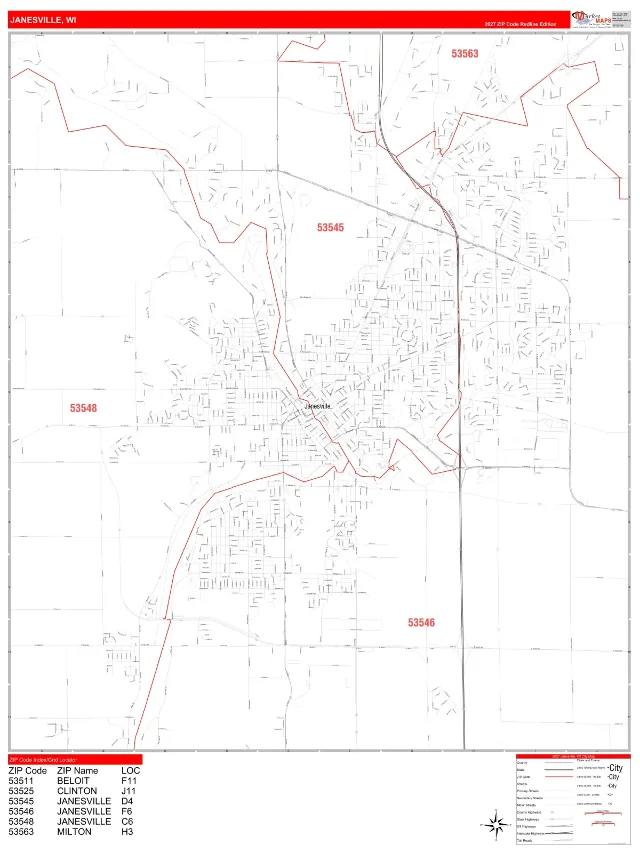 Janesville, WI ZIP Code Wall Map, RedLine style