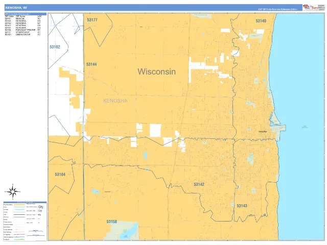 Kenosha, WI ZIP Code Wall Map, Business Reference style