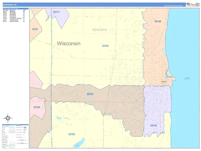 Kenosha, WI ZIP Code Wall Map, ColorCast style