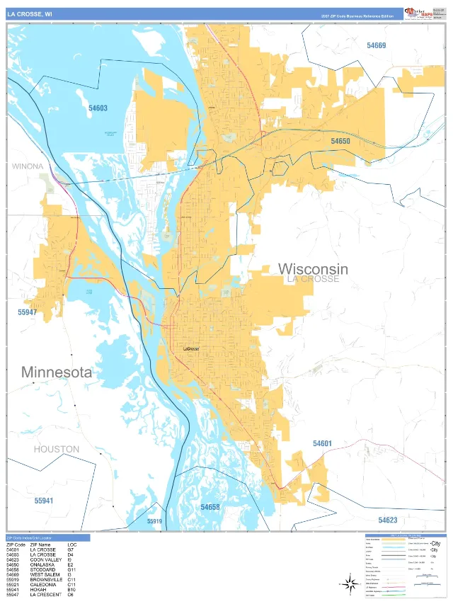 La Crosse, WI ZIP Code Wall Map, Business Reference style