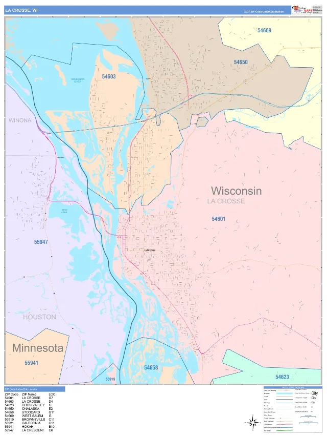 La Crosse, WI ZIP Code Wall Map, ColorCast style