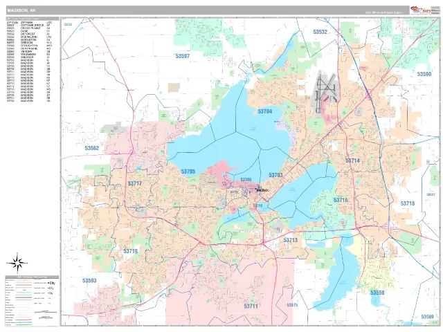 Madison, WI ZIP Code Wall Map, Classic style