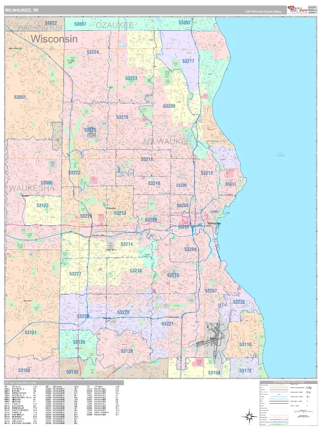 Milwaukee, WI ZIP Code Wall Map, Classic style