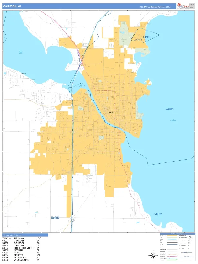 Oshkosh, WI ZIP Code Wall Map, Business Reference style