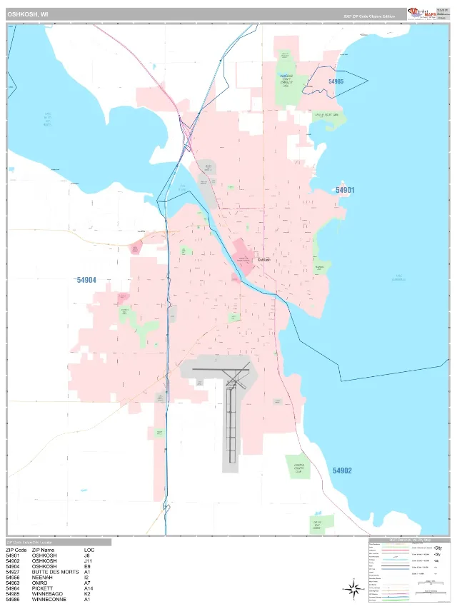 Oshkosh, WI ZIP Code Wall Map, Classic style