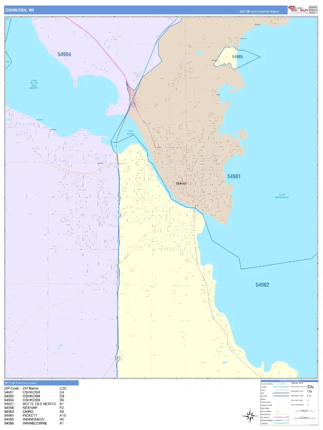 Oshkosh, WI ZIP Code Wall Map, ColorCast style