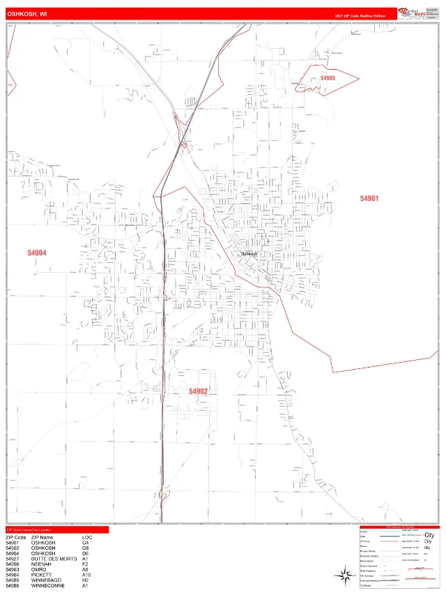 Oshkosh, WI ZIP Code Wall Map, RedLine style