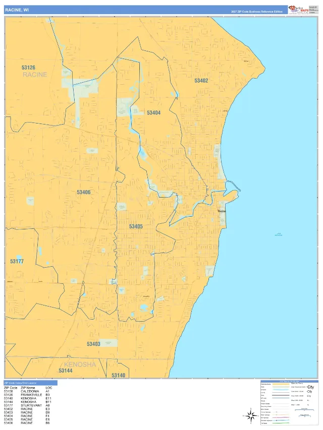 Racine, WI ZIP Code Wall Map, Business Reference style