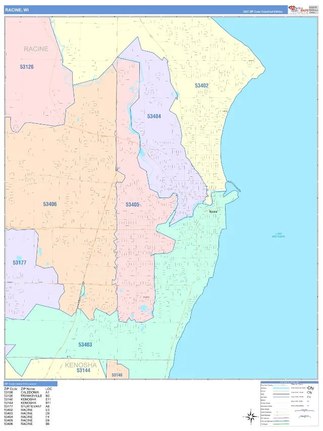 Racine, WI ZIP Code Wall Map, ColorCast style