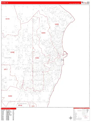Racine, WI RedLine style ZIP Code wall map