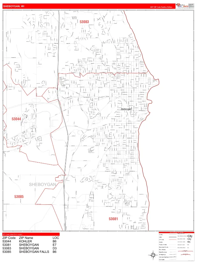 Sheboygan, WI ZIP Code Wall Map, RedLine style