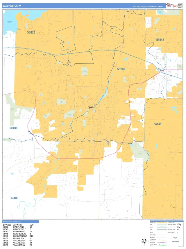 Waukesha, WI ZIP Code Wall Map, Business Reference style