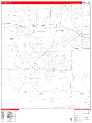 Waukesha, WI RedLine style ZIP Code wall map