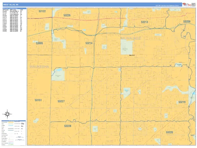 West Allis, WI ZIP Code Wall Map, Business Reference style