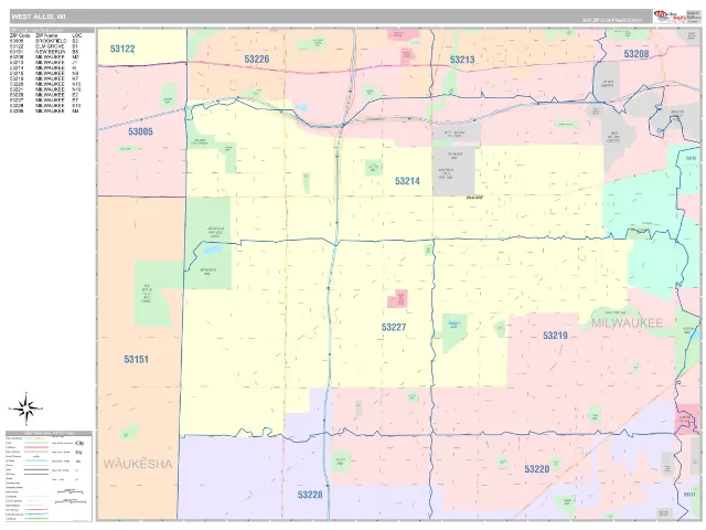 West Allis, WI ZIP Code Wall Map, Classic style