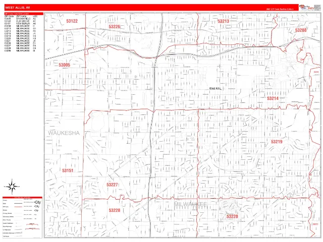 West Allis, WI ZIP Code Wall Map, RedLine style